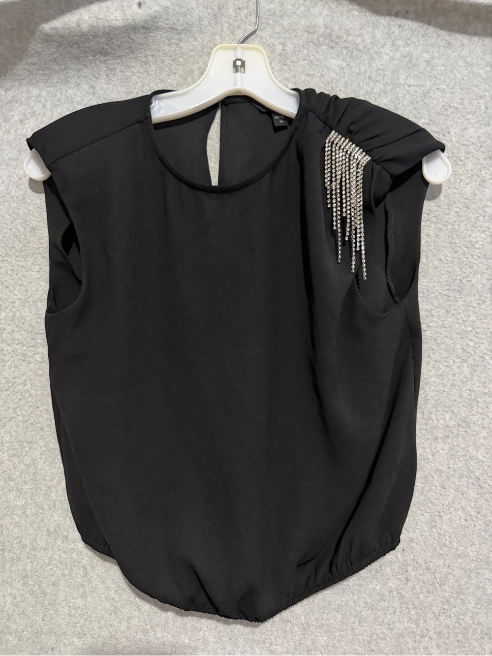 Express Black Sleeveless Top with Rhinestone Fringe Shoulder